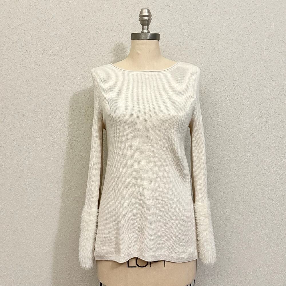 J. JILL Sweater Ivory Knit Plush Faux Fur Long Sleeve Pullover Stretch